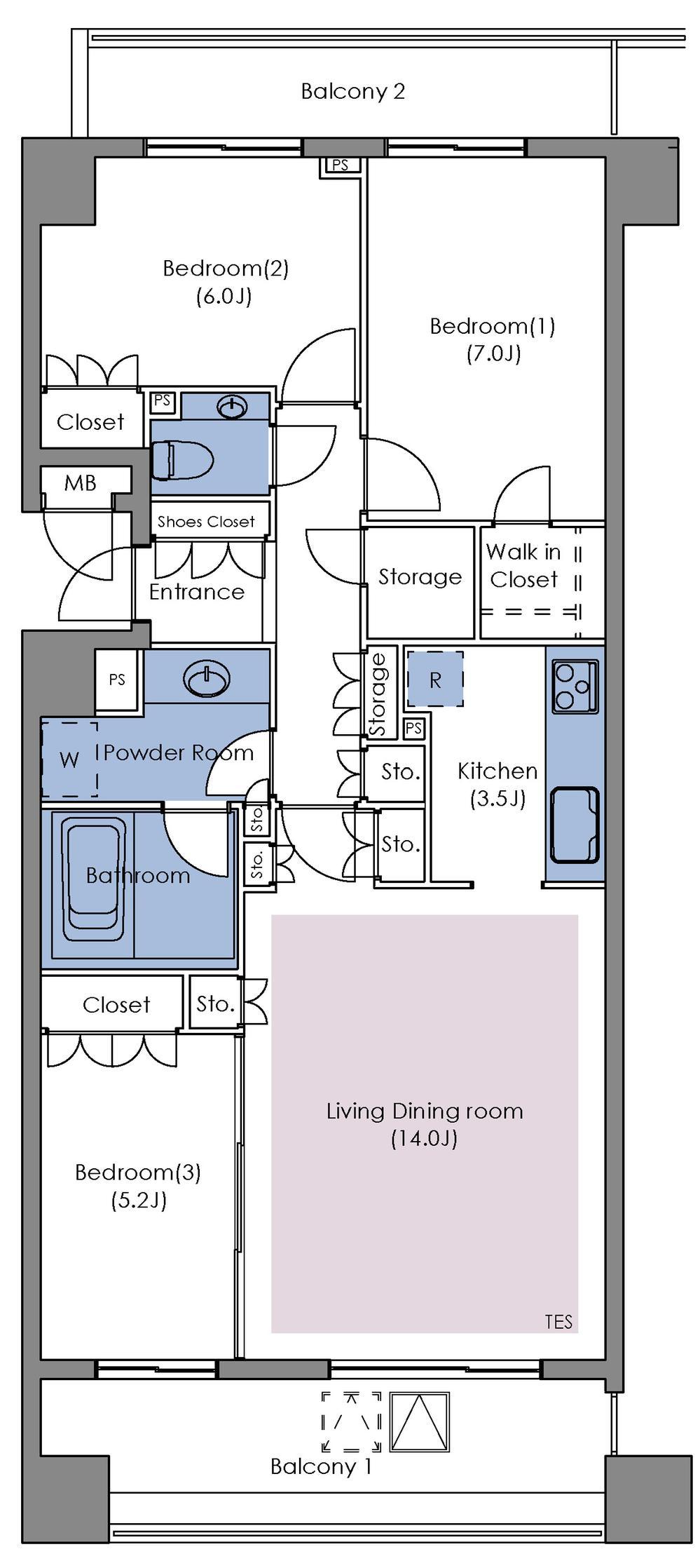 Floor plan. 3LDK, Price 76,800,000 yen, Occupied area 83.96 sq m , Balcony area 11.52 sq m
