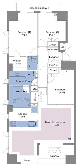 Floor plan. 3LDK, Price 79,800,000 yen, Occupied area 99.13 sq m , Balcony area 7.9 sq m