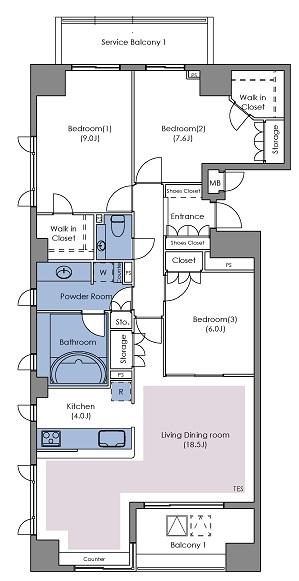 Floor plan. 3LDK, Price 99,800,000 yen, Footprint 104.95 sq m , Balcony area 7.9 sq m