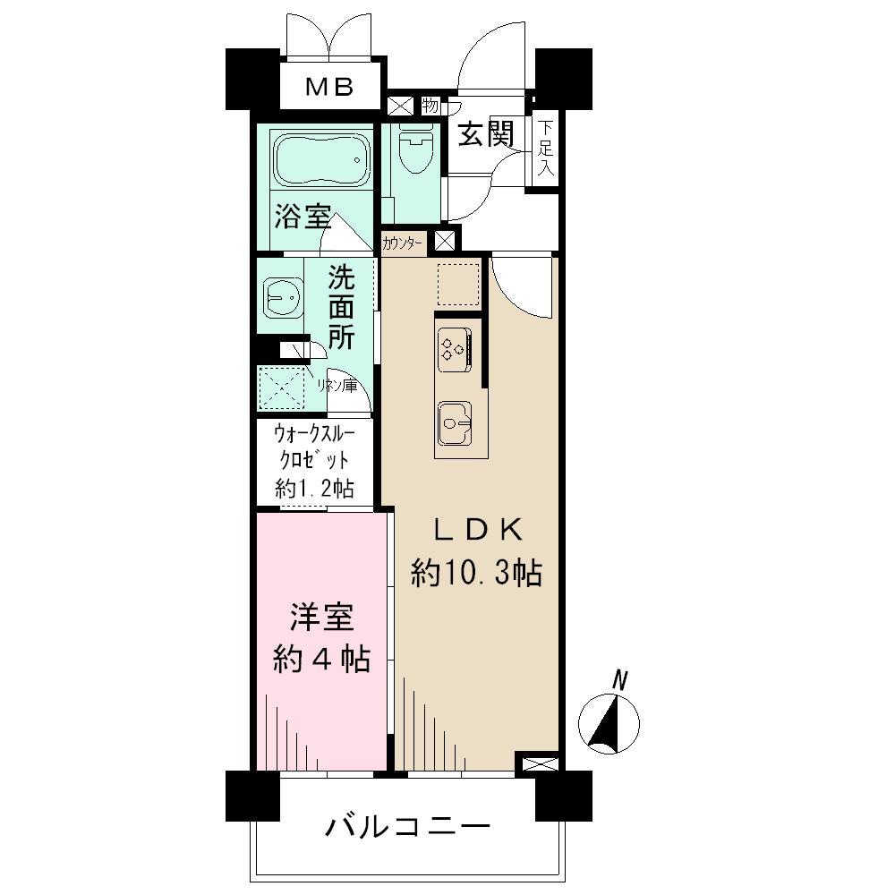 Floor plan. 1LDK, Price 39,800,000 yen, Occupied area 37.27 sq m , Balcony area 5.88 sq m walk-through closet and counter kitchen, etc., Convenient facilities are equipped to life.