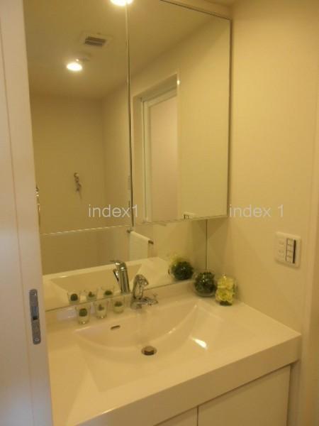 Wash basin, toilet. Vanity also shiny