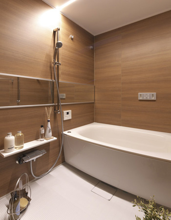 Bathing-wash room.  [Organic glass-based new material tub with warm function] Repel the dirt with a smooth surface "organic glass-based new material.". It is a tub of form, such as flow of arcuate. In with heat insulation function, Also it helps to save energy costs.