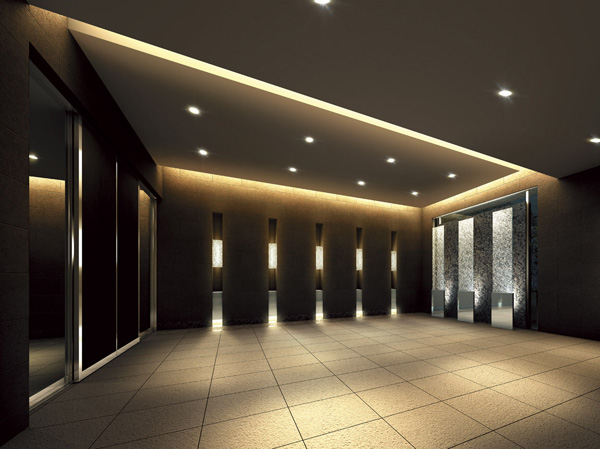 Shared facilities.  [Entrance Hall Rendering] Entrance Hall to become the face of the apartment was also sticking to the design and materials. Ashirai gray tile and makeup glass settled on the wall, Floor of earth color tile. Collaboration of sophisticated to have been carefully selected material design gives us moisture to the daily life. (In fact in those that caused draw based on the drawings of the planning stage and slightly different)