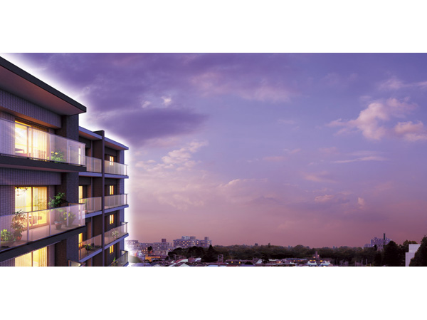 Buildings and facilities. Distribution building plan that all dwelling units in the south-facing. The front of the first kind low-rise exclusive residential area (absolute height limit = 10m) so, Not only the day, Also to ensure a feeling of opening. About 66 percent of the total dwelling unit is about to corner dwelling unit. (Exterior - Rendering / Local height 15m equivalent (5th floor or equivalent) (have been made part of image processing) point than in a composite of photographs of south direction (October 2012 shooting) of actual and slightly different. The view is not intended to be guaranteed in the future)