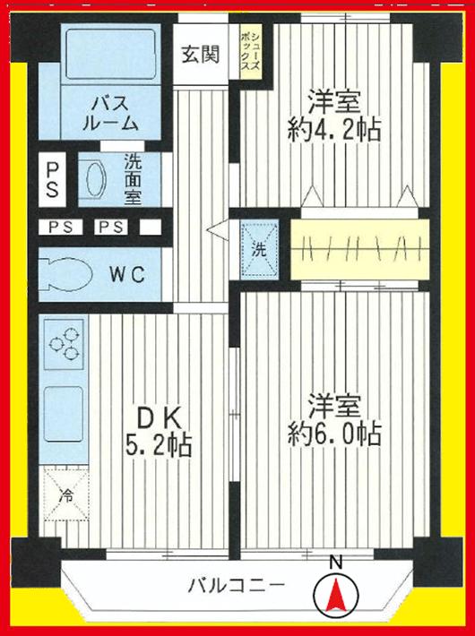 Floor plan. 2DK, Price 20.8 million yen, Footprint 40.5 sq m , Balcony area 4.5 sq m