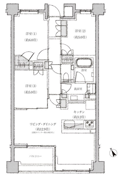 C2 type floor plan: 3LDK + WIC occupied area / 70.63 sq m Balcony area / 6.08 sq m