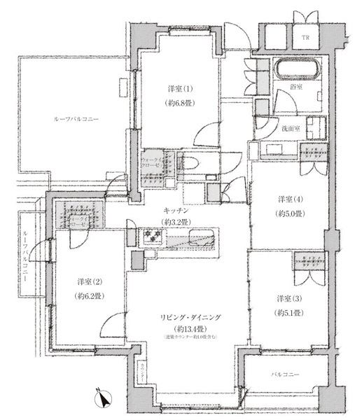 Ir type floor plan: 4LDK + 2WIC footprint / 88.55 sq m Balcony area / 5.70 sq m Roof balcony area / 19.34 sq m