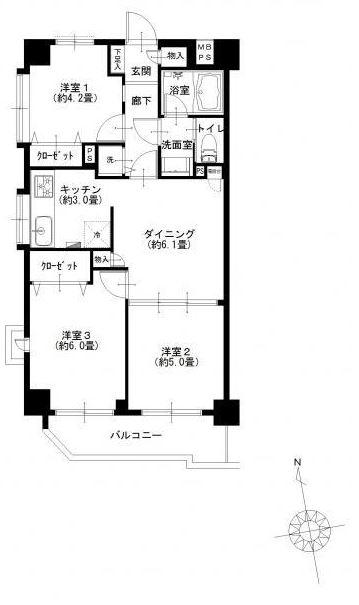 Floor plan. 3DK, Price 36,900,000 yen, Footprint 54 sq m , Balcony area 5.87 sq m