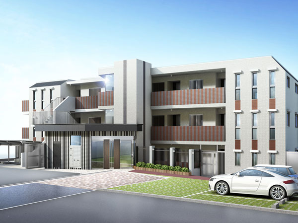 Buildings and facilities. Demand was for the, It inherited the quiet living environment, It is present as a landmark of this town. Basic and a neat white-based tile, To accent the calm brown, We have to create the authentic magnificent in the brightness. (Exterior CG)