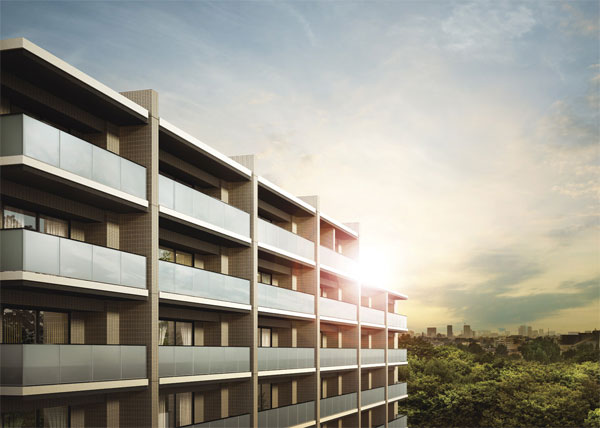 Shared facilities.  [The ground 11 floors, Residence overlooking the sky] Built as overlooking the green space and the surrounding buildings, including the "Roka Hisashiharuen", The ground 11-story "Kurevia Roka park". that is, It gives off a new presence in this area, Landmark is a Residence. Each time you look up, It was aimed at the beautiful house that evokes the proud feeling. (View overlooking the east side to the Sky Wing Exterior - Rendering over ※ June 2012 shooting from the height of the local approximately 26m)