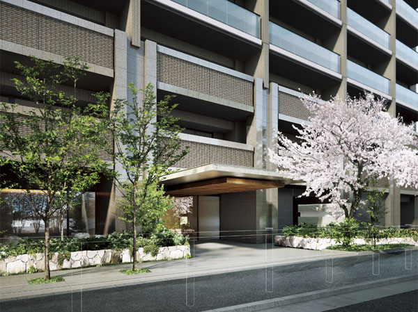 Shared facilities.  [Entertain green, Musashino of residence] Convey the flavor of Musashino, Toward a mansion worthy of Setagaya, Everywhere to have designed a landscape that incorporates the green of the richness. The entrance front, It provided the eaves of the depth of about 3m, Having both the sharpness and luxury will not represent the "face of the mansion.". (Grand Entrance Rendering CG)