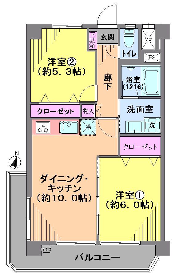 Floor plan. 2DK, Price 21,800,000 yen, Occupied area 49.14 sq m , Balcony area 8.63 sq m
