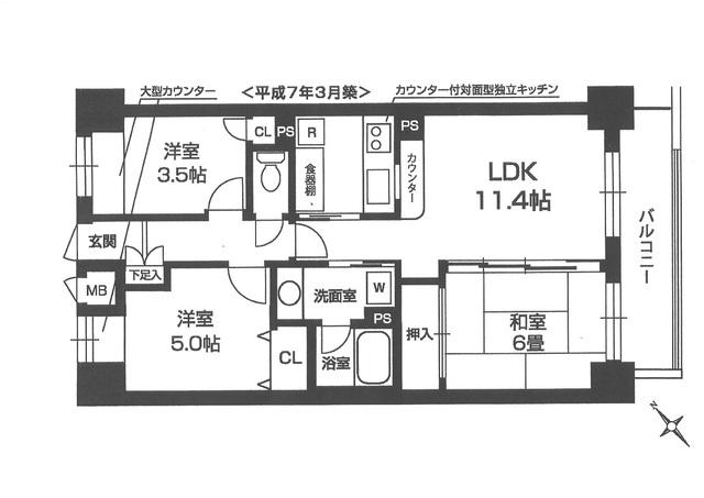 Floor plan. 3LDK, Price 35,800,000 yen, Occupied area 62.35 sq m , Balcony area 6.68 sq m