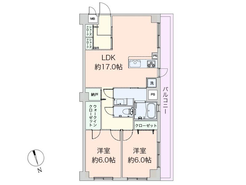 Floor plan. 2LDK, Price 25,990,000 yen, Footprint 66 sq m , Balcony area 11.7 sq m 2LDK + storeroom + W