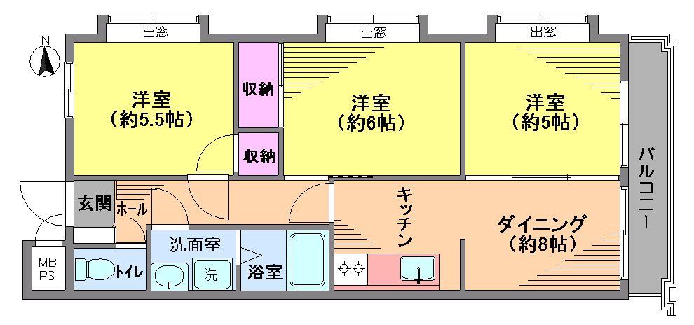 Floor plan. 3DK, Price 21,800,000 yen, Occupied area 52.08 sq m , Balcony area 4.8 sq m