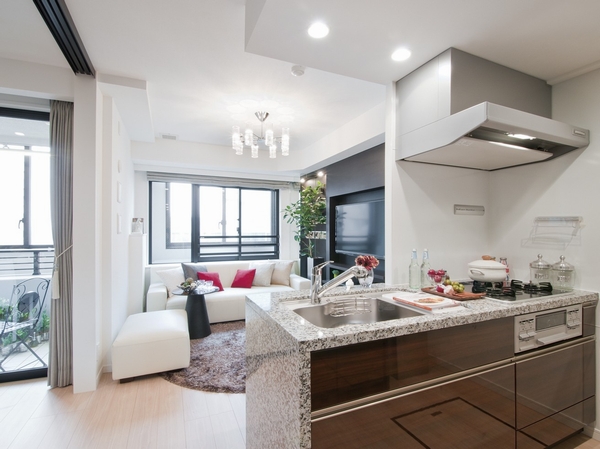 Open kitchen with an increased sense of unity with the LD. Three-necked stove and under-floor storage, Functional facilities are enriched such as water purifiers