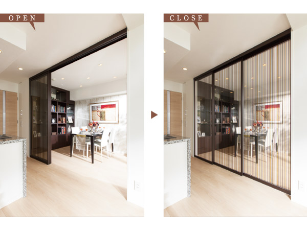 Living.  [Sliding wall that living and Western-style can be used in wide as one of the room] living ・ The room adjacent to the dining, Free to adopt a sliding door that can arrange the space according to the application. All open is possible because that is provided with the door pocket. In addition there is no difference in level for the hanger rail system that does not install the rail at the feet, Vibration sound at the time of the opening and closing is also not worried.  ※ Except for some residential units.