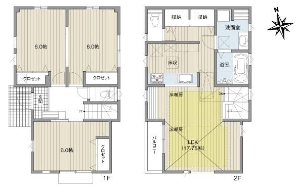 Floor plan. (3 Building), Price 59,800,000 yen, 3LDK, Land area 94.39 sq m , Building area 85.09 sq m