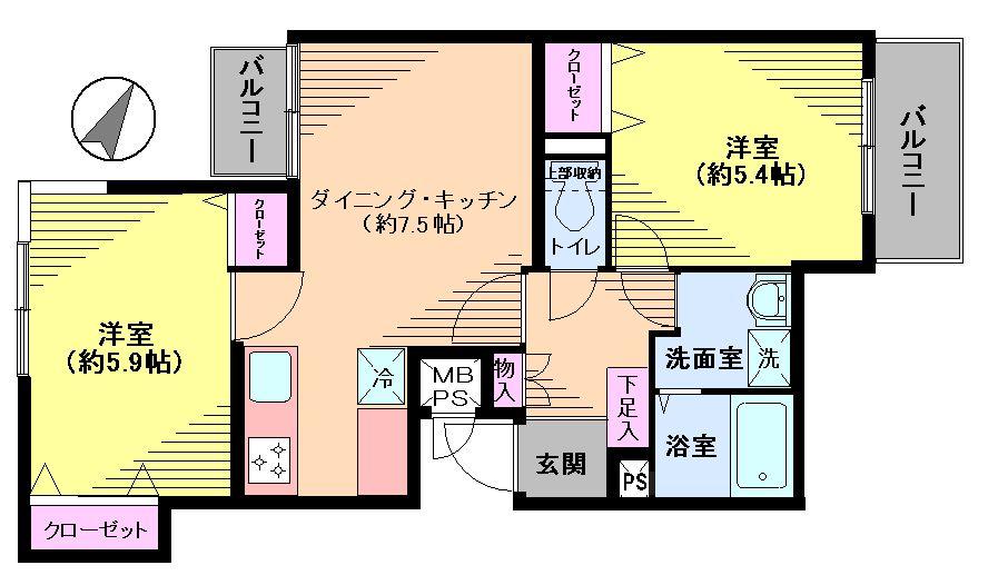 Floor plan. 2DK, Price 22 million yen, Occupied area 51.58 sq m , Balcony area 4.7 sq m