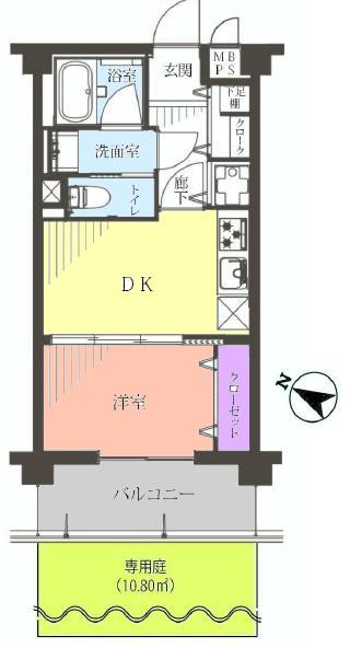 Floor plan. 1DK, Price 21,800,000 yen, Footprint 30 sq m , Balcony area 5.7 sq m