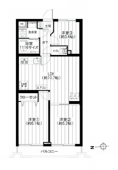 Floor plan. 3LDK, Price 27,900,000 yen, Occupied area 54.59 sq m , Balcony area 5.3 sq m