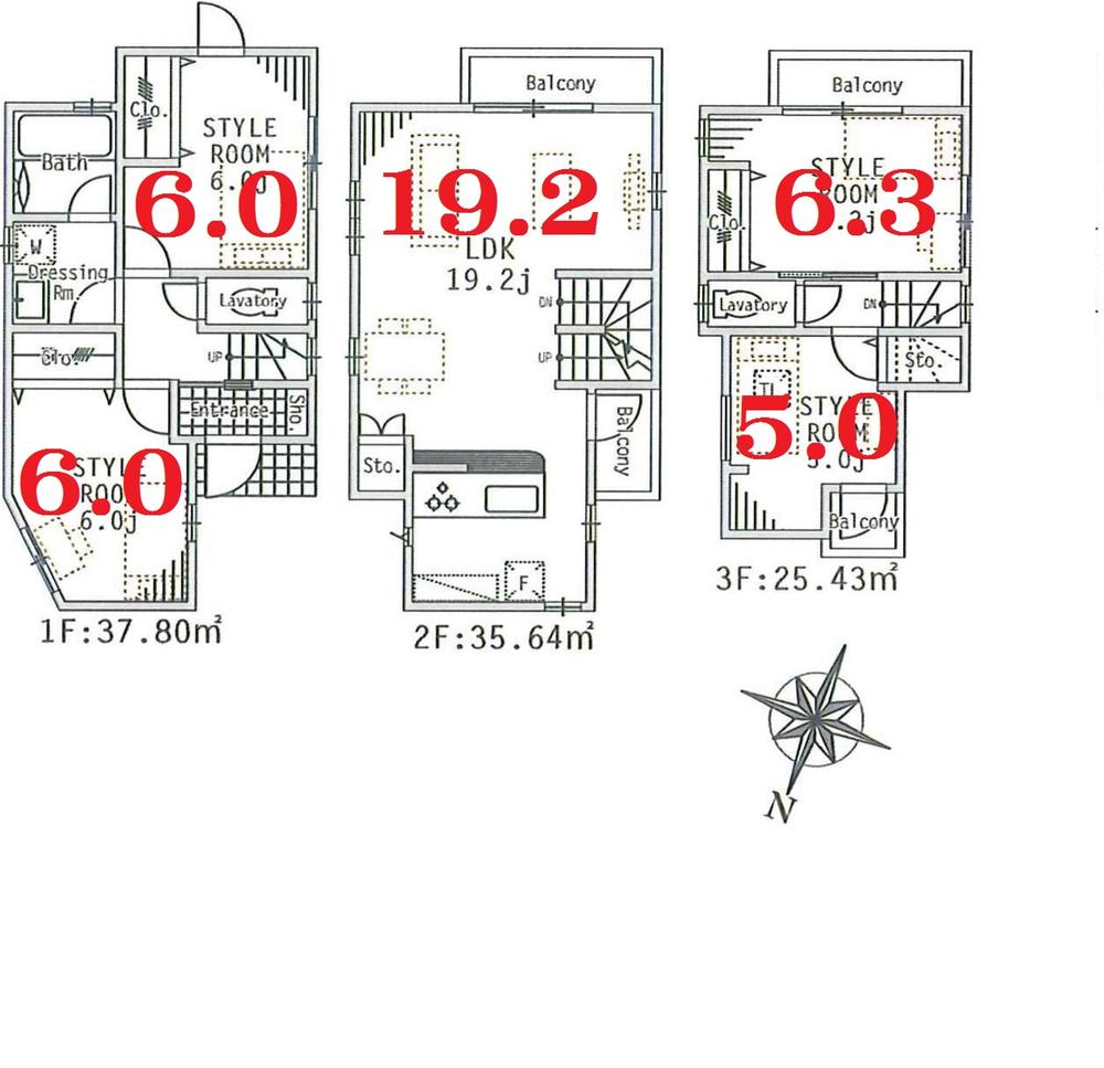 Floor plan. (3 Building), Price 54,900,000 yen, 4LDK, Land area 94.42 sq m , Building area 98.87 sq m