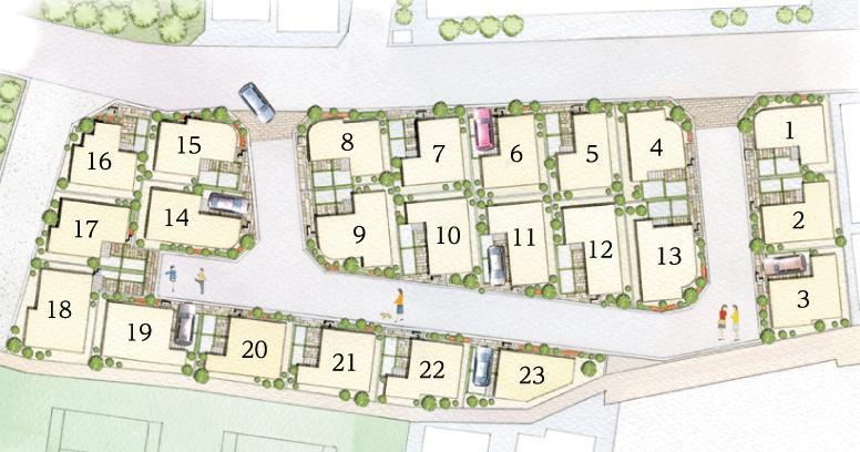 Compartment figure. Spacious development road of width 5m. Interlocking laying on the boundary between the public road, To calm streets.