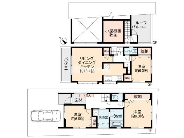 Floor plan. (NOB), Price 87,800,000 yen, 3LDK, Land area 100.69 sq m , Building area 102.09 sq m