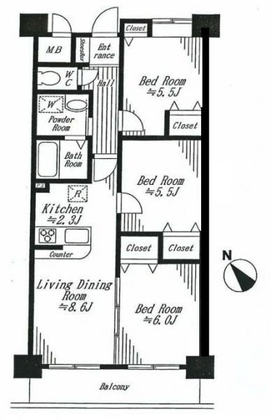 Floor plan. 3LDK, Price 33,980,000 yen, Footprint 59.2 sq m , Balcony area 7.11 sq m