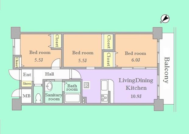 Floor plan. 3LDK, Price 33,980,000 yen, Footprint 59.2 sq m , Balcony area 7.11 sq m