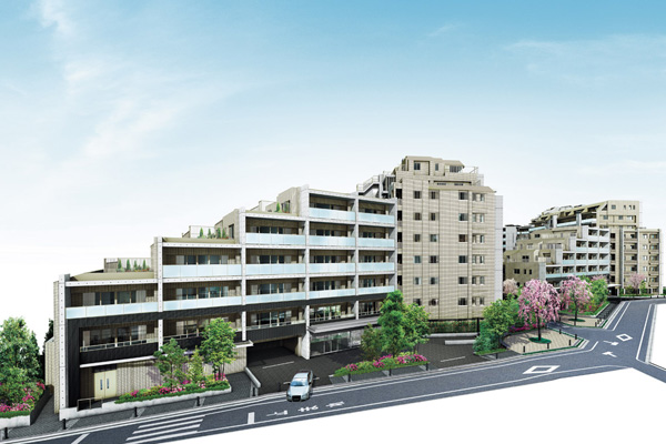 Shared facilities.  [Distribution building plan and exterior design and attention to detail] 3, the direction is taking advantage of the site shape that is in contact with the road, "Maple Garden", Adopt a high distribution building plan of the corner dwelling unit rate. By further to give a change in the height of the building, A part of the high-rise floor dwelling unit has a roof balcony plan. By integrally layout exterior design, It portrays the magnificent scenery worthy of the landmark of this town. (Exterior CG)