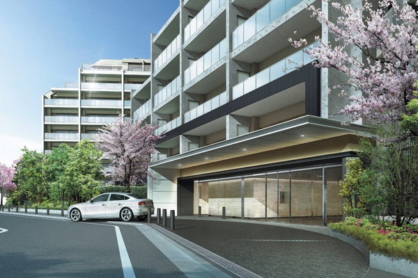 Shared facilities.  ["Sakura Garden" Entrance] The cherry tree, which is also the symbol of the "Vik Gran Setagaya Chitosefunabashi" was a symbol tree "Sakura Garden" Entrance. It arranged Yoshino cherry tree on both sides of the front entrance to gently pick up the people, Enhance the dignity of as a place of Yingbin, Ensure the room there "driveway space". It produces a magnificent atmosphere like a fine hotel. (Rendering CG)