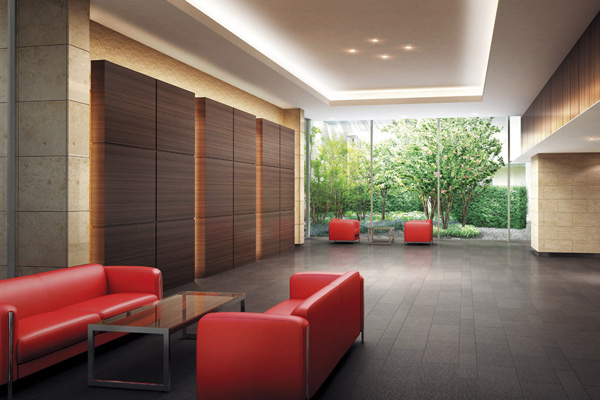 Shared facilities.  ["Sakura Garden" lounge] Was a big glass-to-ceiling windows and high full, Lounge space drenched soft sunlight. The wide space to have a clear, We have prepared the space of relaxation was arranged sofas and tables. While leisurely sat down on the sofa, You can admire the elegance of the landscape of the courtyard reflected in the other side of the window. (Rendering CG)