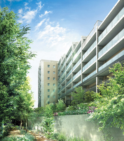 Shared facilities.  [To every day nestled in among the silence each other melted and grove] Along the "Sakura Garden" of the "Chitosefunabashi Wieck Grand Setagaya" is, It has been registered "Funabashi small diameter" is located next to the Setagaya area landscape assets. It has been the appearance design consideration in the vicinity of the landscape, In harmony with the rich landscape of existing trees, Sophistication and exudes a stately atmosphere. (Exterior CG overlooking than Funabashi small diameter)