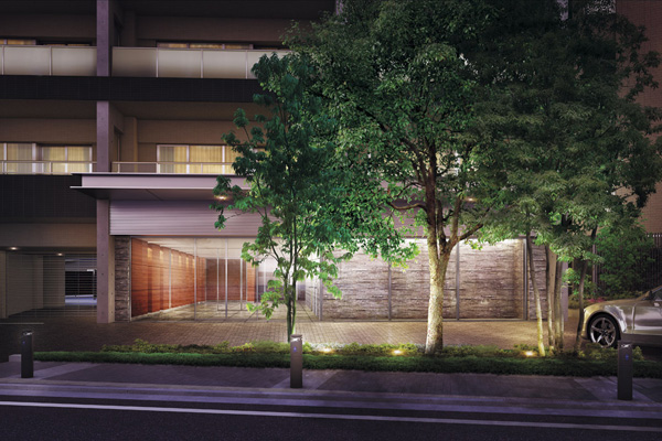 Shared facilities.  ["Maple Garden" Entrance] And the wall using the natural stone full of profound feeling dark gray, Glass surface is impressive entrance of "Maple Garden". Street of the site west this Yingbin space, Newly arranged Takagi as continuous, It has achieved create a spectacular green landscape with an increased sense of unity with the surrounding cityscape. By finely calculated to a position where the tree planting, Of course the beauty of the look, Also subjected to consideration to ensure the landscape and privacy from the house. (Rendering CG)