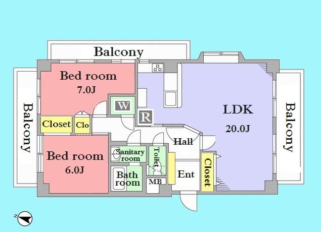 Floor plan. 2LDK, Price 64,800,000 yen, Occupied area 74.97 sq m , Balcony area 19.94 sq m