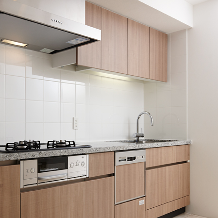 Interior.  [Kitchen counter top] Counter tops beautiful natural granite. Cabinet smooth sliding.