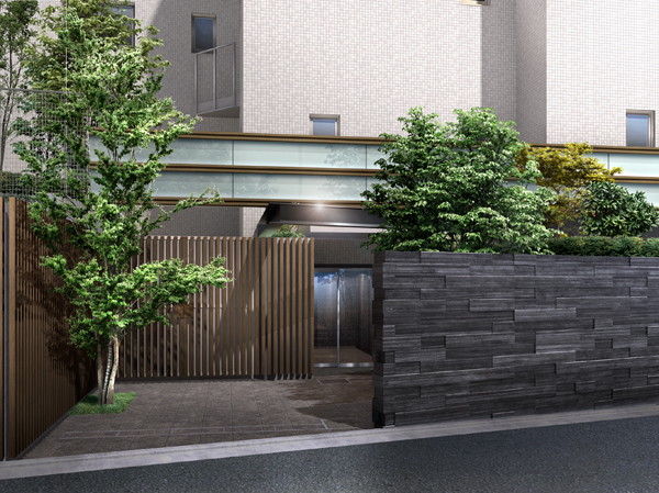 Features of the building.  [entrance] Entrance to approach from the retaining wall of the slit, Produce a "hideaway" specific private feeling. And on the front providing the same playback tree and the horizontal line that Megurase around the building to the louvered, I put the lead on design. Entrance is bringing a chic image with hard floors and black granite wall of black-tile, The inside of the hole was soft and express recessed in a bright lime stone of wall space. It is urban and finish with a profound feeling that was to take care of the atmosphere of calm adult. (Rendering)