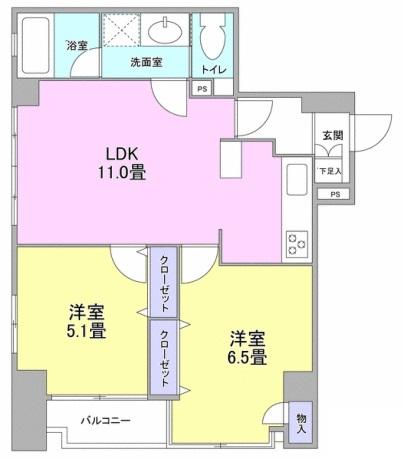 Floor plan. 2LDK, Price 34,800,000 yen, Occupied area 50.01 sq m , Balcony area 2.43 sq m