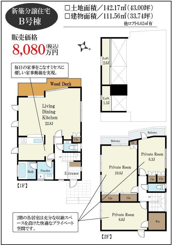 Floor plan. (B Building), Price 80,800,000 yen, 3LDK, Land area 142.17 sq m , Building area 111.56 sq m