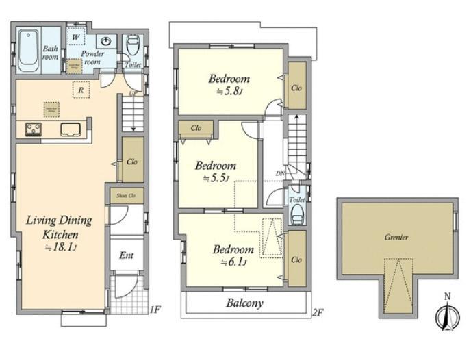 Floor plan. (Building 2), Price 56,800,000 yen, 3LDK, Land area 105.61 sq m , Building area 86.42 sq m