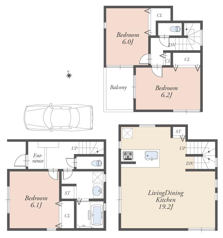 Floor plan. (B section), Price 72,800,000 yen, 3LDK, Land area 56.87 sq m , Building area 90.6 sq m