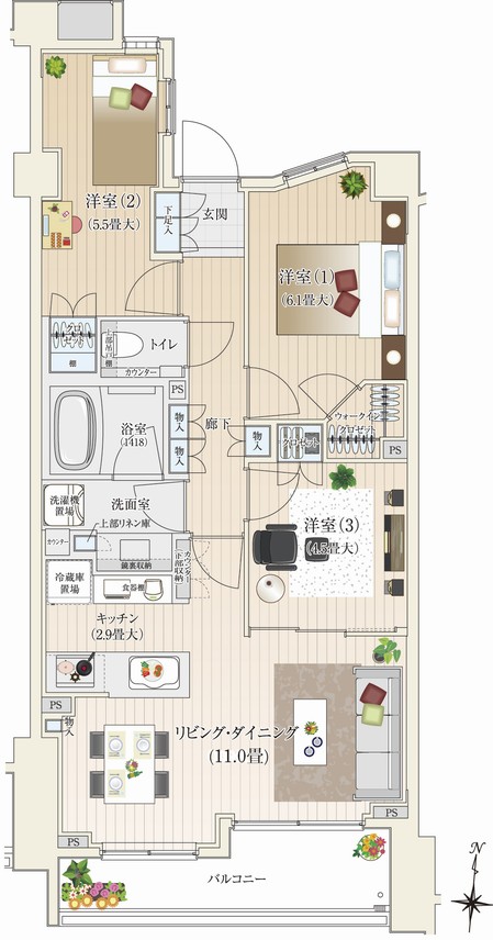 Building structure. "Ish brand of Tokyu Land Corporation spacious design, It may be equipment specifications, Rooms material also has a sense of quality. "H type ・ 3LDK+WIC price / 53,900,000 yen occupied area / 67.75 sq m  Balcony area / 7.59 sq m  ※ WIC = walk-in closet