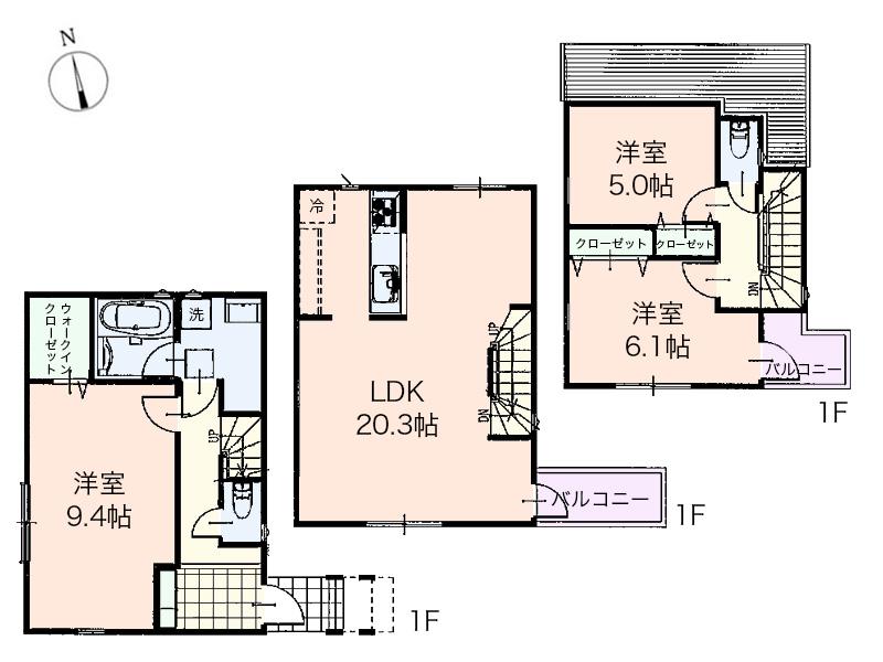 Compartment view + building plan example. Building plan example (B) 3LDK, Land price 48,300,000 yen, Land area 84.47 sq m , Building price 15.5 million yen, Building area 97.02 sq m