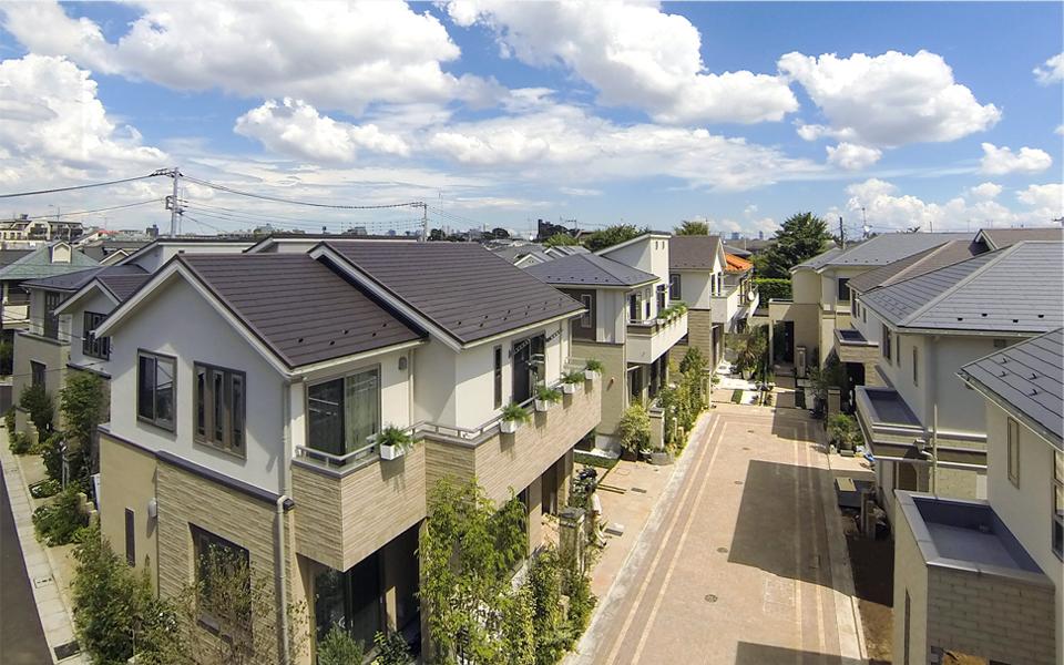 Cityscape Rendering. Row of houses on a street