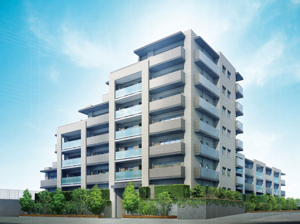 Shared facilities.  [Appearance form with two of the facade] Based on the use district, Creating a building of two buildings configuration of the ground 7-story and three-story above ground. Appearance in which the earth color tones is, The emphasis on design a vertical pillar, It has been improved a profound feeling of the building. Also, Handrail walls of the balcony is nestled alternately a grid of glass and louver, It expressed the symmetry beauty. (Exterior view)