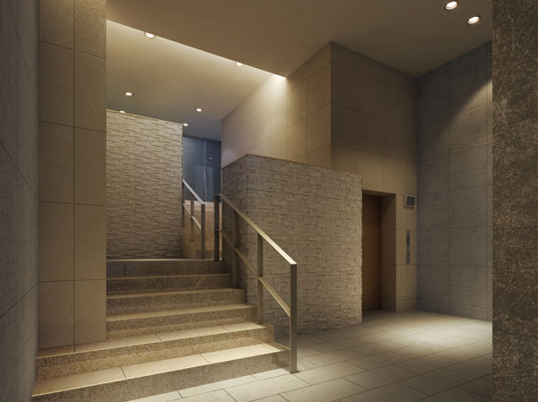Shared facilities.  [Kaoru quality, Entrance Hall of the atrium] Taking advantage of the site to spread on the retaining wall, Entrance was nestled a ceiling of 1.5 layer worth. And advancing the foot into the building from here, Entrance Hall of the blow will spread. Space of the full sense of liberation Hall, wall ・ Ashirai fine material on the floor, It was a magnificent finish to entertain those who live. (Entrance Hall Rendering)