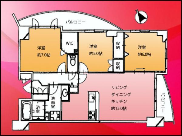 Floor plan. 3LDK, Price 47,800,000 yen, Occupied area 75.95 sq m , Balcony area 13.61 sq m