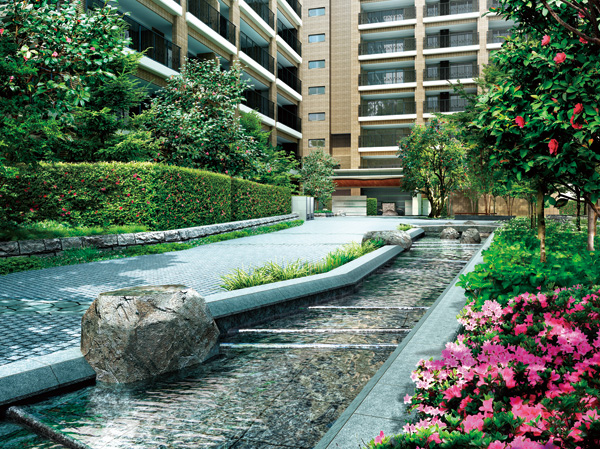 Features of the building.  [Day-to-day of the new Hiroo to babble and colorful leads] It has been nurtured in this city, And hedges of camellia that leads to the rich forest, Kay of water sound that gently flowing from the entrance to the center Forest, Approach that invites to the camellia Residence. Gentle water flow, The pleasant sound of water, It sounded in this forest, Draw a peaceful way to live. Camellia hedge, Unlike the center forest as forest, As a natural form that has been added to the hands of the people, Produce a new impression and clean in this town. It creates the everyday a different scene for each season. (Entrance approach Rendering CG)