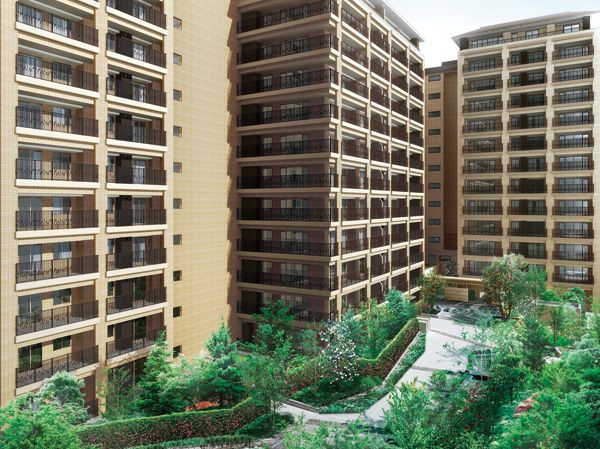 Features of the building.  [Day-to-day of the new Hiroo is, It begins from here] Echelon shape, In rhythmic on the appearance of the building, Creating a look that change, Slope roof, Draw a crisp skyline to the wide sky above the hill. The outer wall tiles, Use a more Kiwadate that tile a three-dimensional effect when viewed from the bottom. Color is, Fit with the surrounding environment of this town, It was the earthy tones. This city and you have already begun living, While beautiful harmony, Given the accent, The camellia Residence Hiroo Garden Forest, It leads to complete. (Exterior CG)
